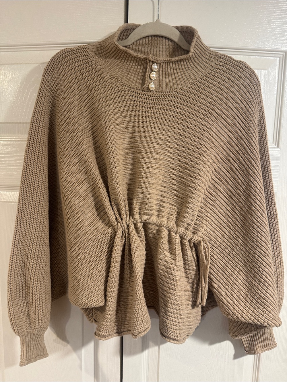 POL Beige Drawstring Cowl-Neck Sweater with Pearl Buttons